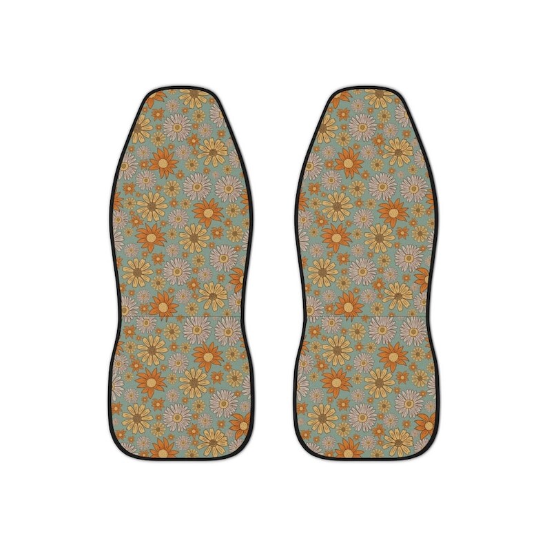 Groovy Flowers automašīnu sēdekļu pārvalku komplekts no 2, estētisks retro automašīnas priekšējo sēdekļu pārvalks, hipiju automašīnas dekors, jautri automašīnu sēdekļu pārvalki