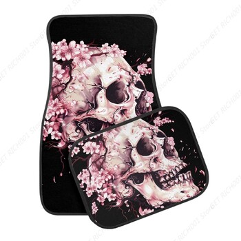 Skull Pink Cherry Blossom Car Μπροστινά Πίσω Πατάκια δαπέδου Universal Πατάκι αυτοκινήτου Πλήρες σετ 4 μοκέτα