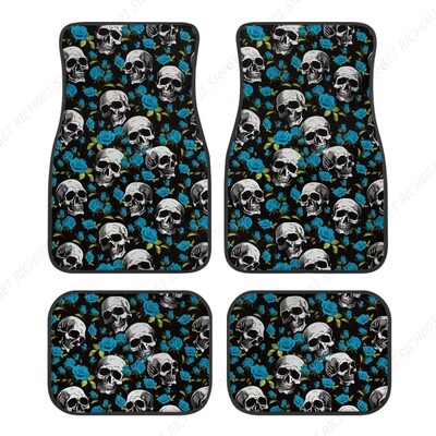 Covorașe de podea pentru mașină, față, spate, roz, cu craniu, covoraș universal pentru mașină Set complet de 4 covoare