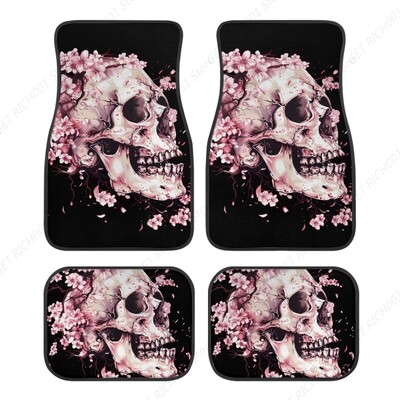 Covorașe de podea pentru mașină, față, spate, roz, cu craniu, covoraș universal pentru mașină Set complet de 4 covoare