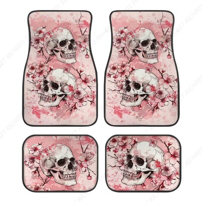 Covorașe de podea pentru mașină, față, spate, roz, cu craniu, covoraș universal pentru mașină Set complet de 4 covoare