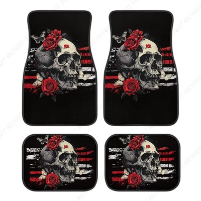 Covorașe de podea pentru mașină, față, spate, roz, cu craniu, covoraș universal pentru mașină Set complet de 4 covoare