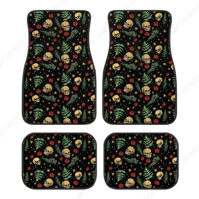 Covorașe de podea pentru mașină, față, spate, roz, cu craniu, covoraș universal pentru mașină Set complet de 4 covoare