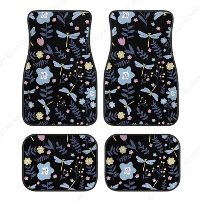Blue Dragonfly Flower melni automašīnas paklājiņi priekšējie aizmugurējie automašīnas grīdas paklāji, 4 gab. Automašīnas paklāji, universāli piemēroti