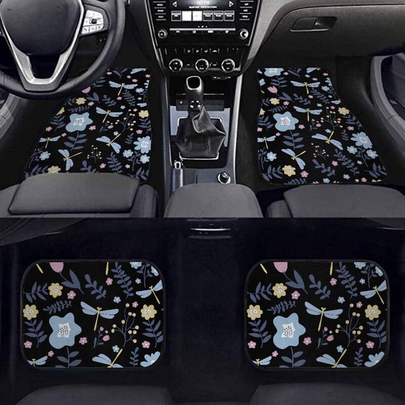 Blue Dragonfly Flower melni automašīnas paklājiņi priekšējie aizmugurējie automašīnas grīdas paklāji, 4 gab. Automašīnas paklāji, universāli piemēroti