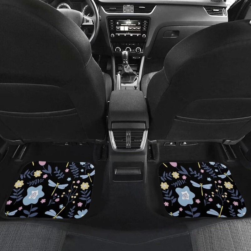 Blue Dragonfly Flower melni automašīnas paklājiņi priekšējie aizmugurējie automašīnas grīdas paklāji, 4 gab. Automašīnas paklāji, universāli piemēroti