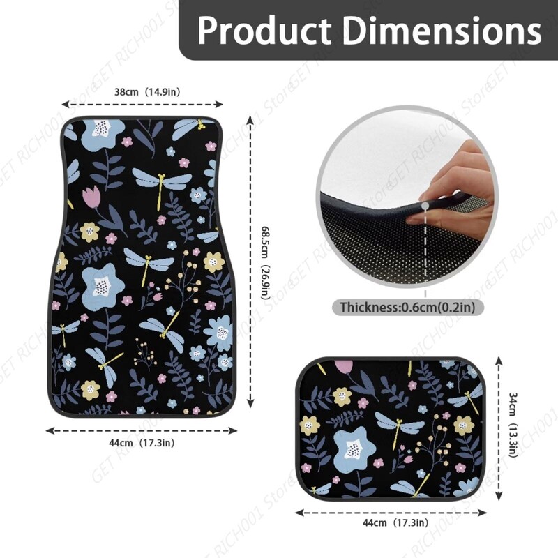 Blue Dragonfly Flower melni automašīnas paklājiņi priekšējie aizmugurējie automašīnas grīdas paklāji, 4 gab. Automašīnas paklāji, universāli piemēroti