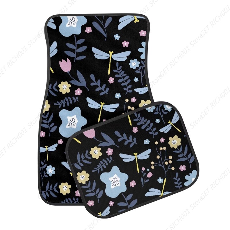 Blue Dragonfly Flower melni automašīnas paklājiņi priekšējie aizmugurējie automašīnas grīdas paklāji, 4 gab. Automašīnas paklāji, universāli piemēroti