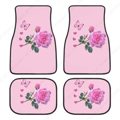 Svijetlo ružičasta ruža s cvjetnim leptirima Pod 4 komada Podne prostirke za automobile Kompletni setovi tepiha za automobile Univerzalno prikladno za SUV kamione za sve vremenske uvjete