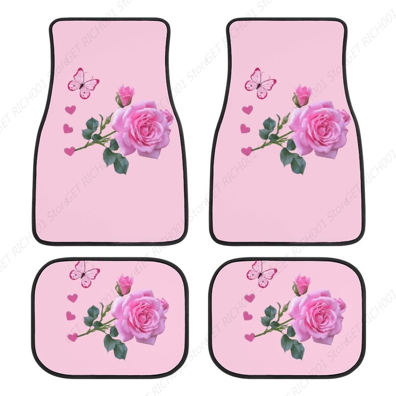 Svijetlo ružičasta ruža s cvjetnim leptirima Pod 4 komada Podne prostirke za automobile Kompletni setovi tepiha za automobile Univerzalno prikladno za SUV kamione za sve vremenske uvjete