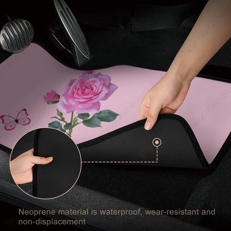 Svijetlo ružičasta ruža s cvjetnim leptirima Pod 4 komada Podne prostirke za automobile Kompletni setovi tepiha za automobile Univerzalno prikladno za SUV kamione za sve vremenske uvjete
