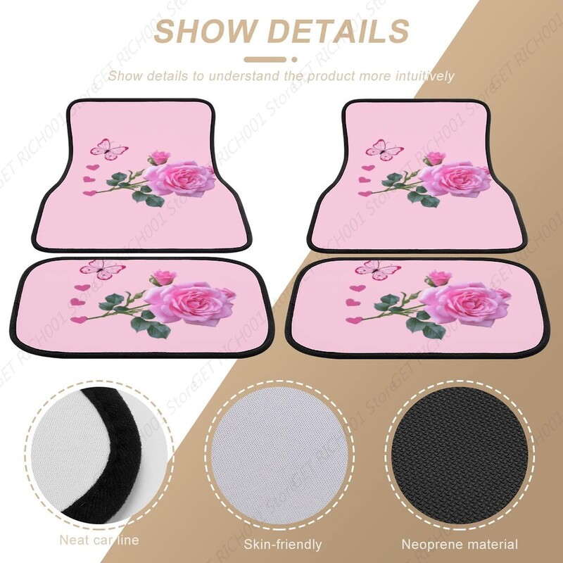 Svijetlo ružičasta ruža s cvjetnim leptirima Pod 4 komada Podne prostirke za automobile Kompletni setovi tepiha za automobile Univerzalno prikladno za SUV kamione za sve vremenske uvjete