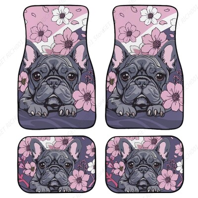 Covoraș pentru mașină cu imprimeu buldog francez Seturi de covoare pentru bărbați, design cu flori de cireș Covoraș pentru automobile 4 buc.