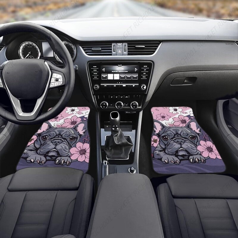 Covoraș pentru mașină cu imprimeu buldog francez Seturi de covoare pentru bărbați, design cu flori de cireș Covoraș pentru automobile 4 buc.