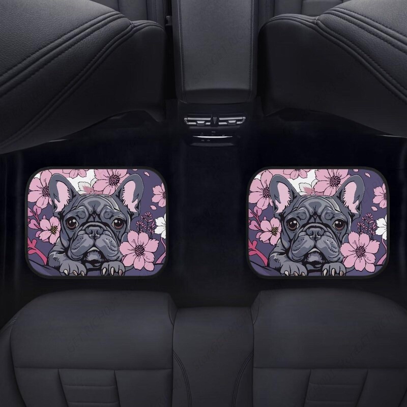 Covoraș pentru mașină cu imprimeu buldog francez Seturi de covoare pentru bărbați, design cu flori de cireș Covoraș pentru automobile 4 buc.