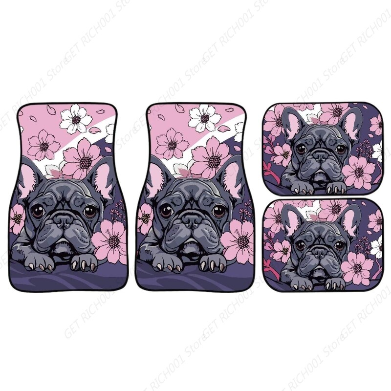 Covoraș pentru mașină cu imprimeu buldog francez Seturi de covoare pentru bărbați, design cu flori de cireș Covoraș pentru automobile 4 buc.