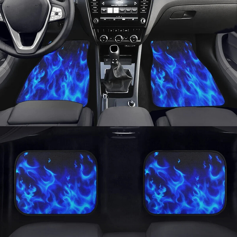 Covorașe pentru mașină cu design retro albastru de foc Accesorii pentru interiorul mașinii, ușor de curățat, set complet pentru vehicule pentru toate anotimpurile, pachet de 4 covorașe de protecție
