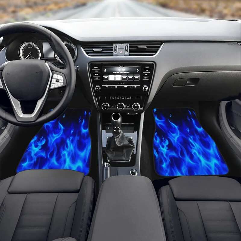 Covorașe pentru mașină cu design retro albastru de foc Accesorii pentru interiorul mașinii, ușor de curățat, set complet pentru vehicule pentru toate anotimpurile, pachet de 4 covorașe de protecție