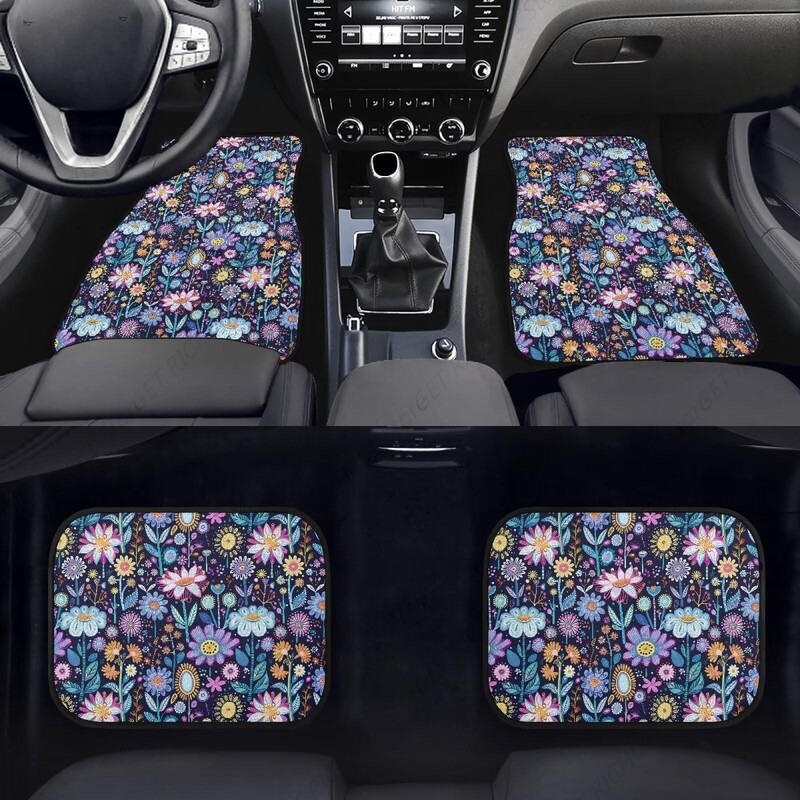 Hippie Flower Lotus Blue automašīnu grīdas paklāji Lieljaudas gumijas automašīnu paklājiņi, 4 dab. automašīnu paklājiņu komplekts, universāli ūdensizturīgi auto grīdas paklāji