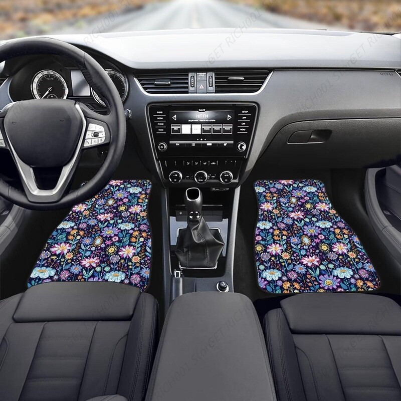 Hippie Flower Lotus Blue automašīnu grīdas paklāji Lieljaudas gumijas automašīnu paklājiņi, 4 dab. automašīnu paklājiņu komplekts, universāli ūdensizturīgi auto grīdas paklāji