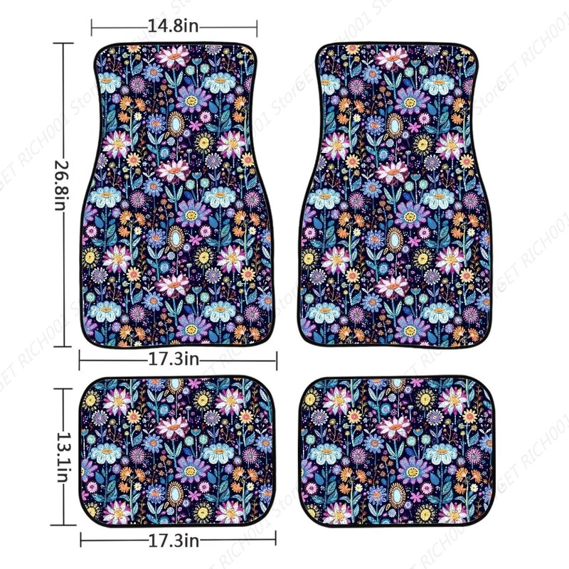 Hippie Flower Lotus Blue automašīnu grīdas paklāji Lieljaudas gumijas automašīnu paklājiņi, 4 dab. automašīnu paklājiņu komplekts, universāli ūdensizturīgi auto grīdas paklāji