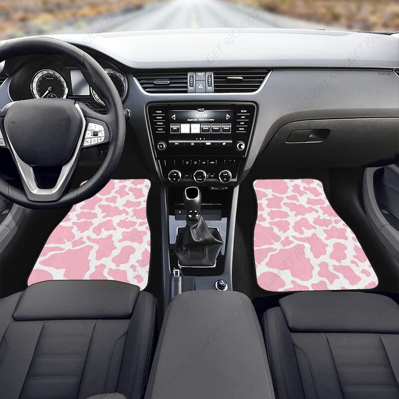 Set de acoperire completă pentru covoraș auto cu imprimeu roz de vacă, covoraș pentru podea pentru mașină imprimat covoraș din cauciuc pentru podea confortabilă