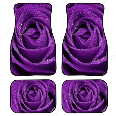 Visiem laikapstākļiem paredzētas automašīnas grīdas paklājs sievietēm Premium, biezi plīša priekšējie/aizmugurējie paklāji tumši violeti rozā ar ūdens pilienu dizainu