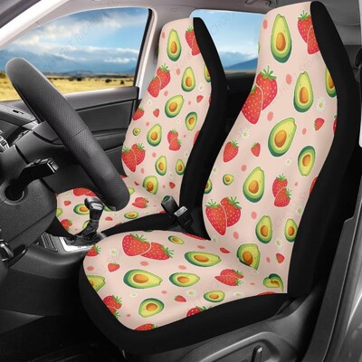 Huse pentru scaune de mașină cu imprimeu de căpșuni și avocado pentru scaunele din față Set de huse pentru scaune de mașină cu fructe din desene animate, în material textil, huse pentru scaune de mașină lavabile