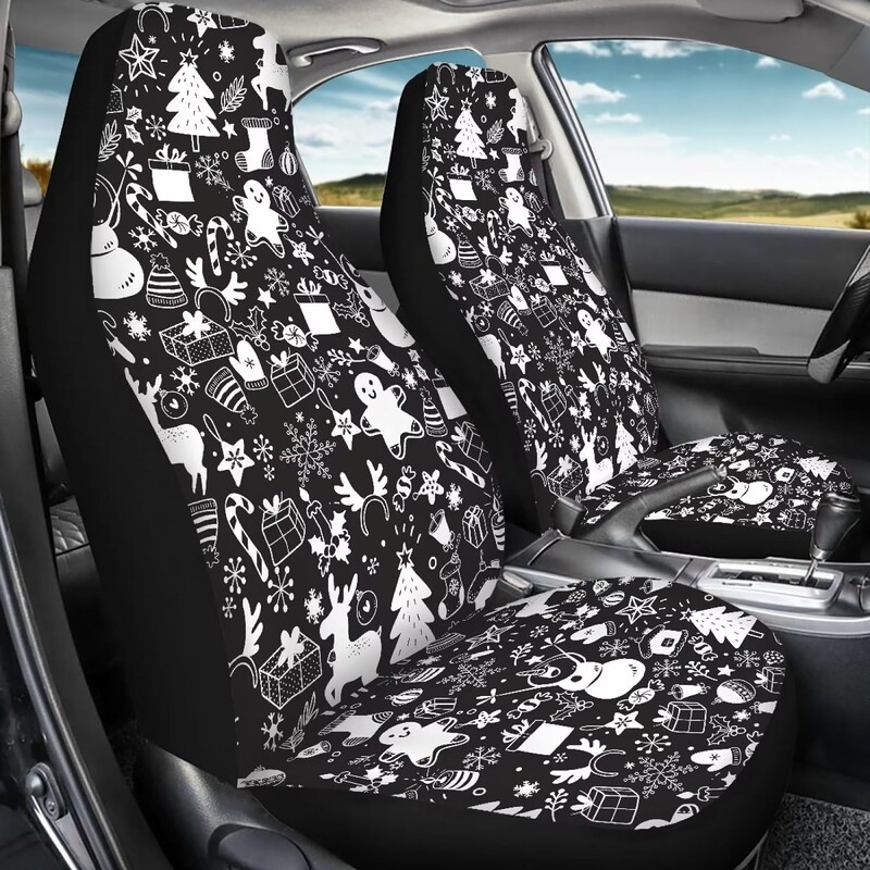 Ziemassvētku komplekts ar 2 automašīnas sēdekļa pārvalku Sniegpārsliņa Sniegavīrs Gingersnap Auto Sēdekļa Pārvalks Ziemassvētku Koks Candy Cane Holly Black Dekorācijas