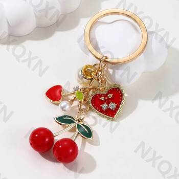 Pretty Cartoon Cherry Preal Heart Enamel Keychain Love Fruit Key Ring for Women Girl Handmade Friendship Gift κοσμηματοπωλείο