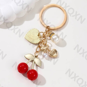 Pretty Cartoon Cherry Preal Heart Enamel Keychain Love Fruit Key Ring for Women Girl Handmade Friendship Gift κοσμηματοπωλείο