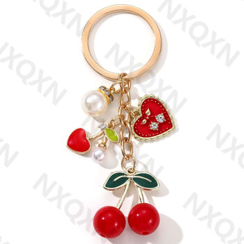 Pretty Cartoon Cherry Preal Heart Enamel Keychain Love Fruit Key Ring for Women Girl Handmade Friendship Gift κοσμηματοπωλείο