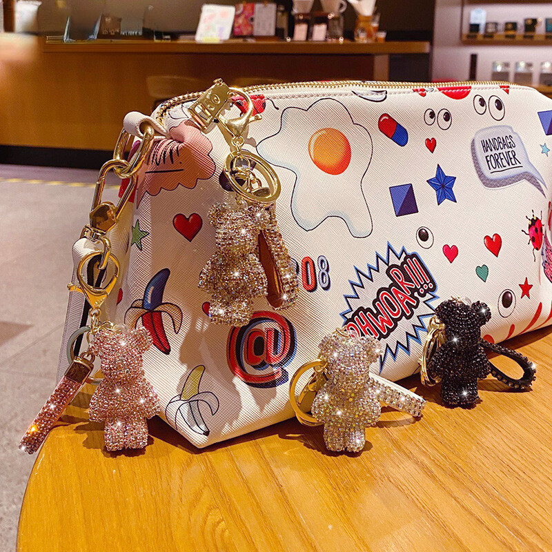 Drăguț cu strasuri ciucuri urs breloc cuplu breloc decorare fete pandantiv mic breloc mașină pandantiv geantă student