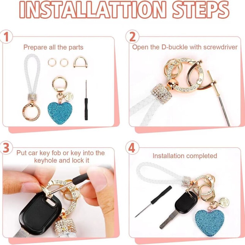 Lanț de chei de dragoste cu diamante complet frânghie din piele împânzită Lanț de chei pentru mașină în formă de inimă Pandantiv feminin rafinat Accesorii pentru mașini interior