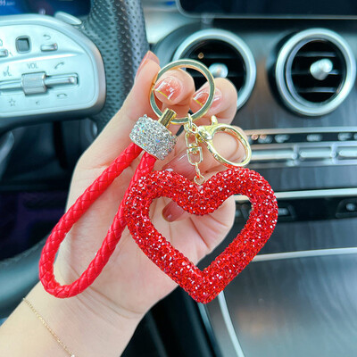 Deimantinis „Love“ raktų pakabukas Kūrybiškas tuščiaviduris molis, pilnas deimantinis automobilio raktų pakabukas, odinis virvelė, raudona širdies raktų pakabukas, automobilio rakto apdaila