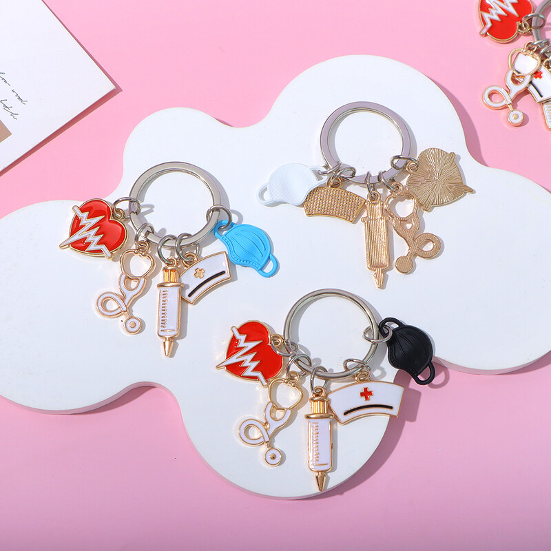 Classic Medical Series Atslēgu piekariņi Metāla šļirce Stetoskops Maska Medmāsas vāciņš Kulons Automašīnas Atslēgu piekariņi Aksesuāri ārsta suvenīrs Dāvana