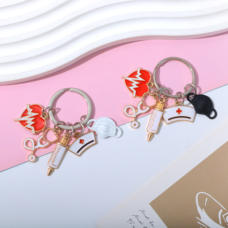 Classic Medical Series Atslēgu piekariņi Metāla šļirce Stetoskops Maska Medmāsas vāciņš Kulons Automašīnas Atslēgu piekariņi Aksesuāri ārsta suvenīrs Dāvana