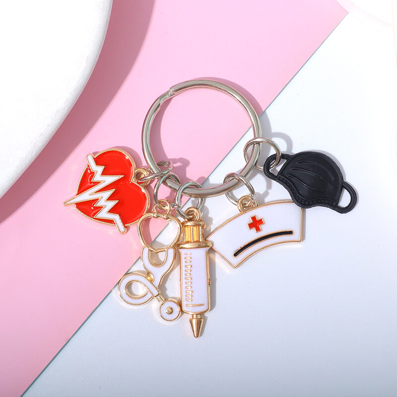 Classic Medical Series Atslēgu piekariņi Metāla šļirce Stetoskops Maska Medmāsas vāciņš Kulons Automašīnas Atslēgu piekariņi Aksesuāri ārsta suvenīrs Dāvana