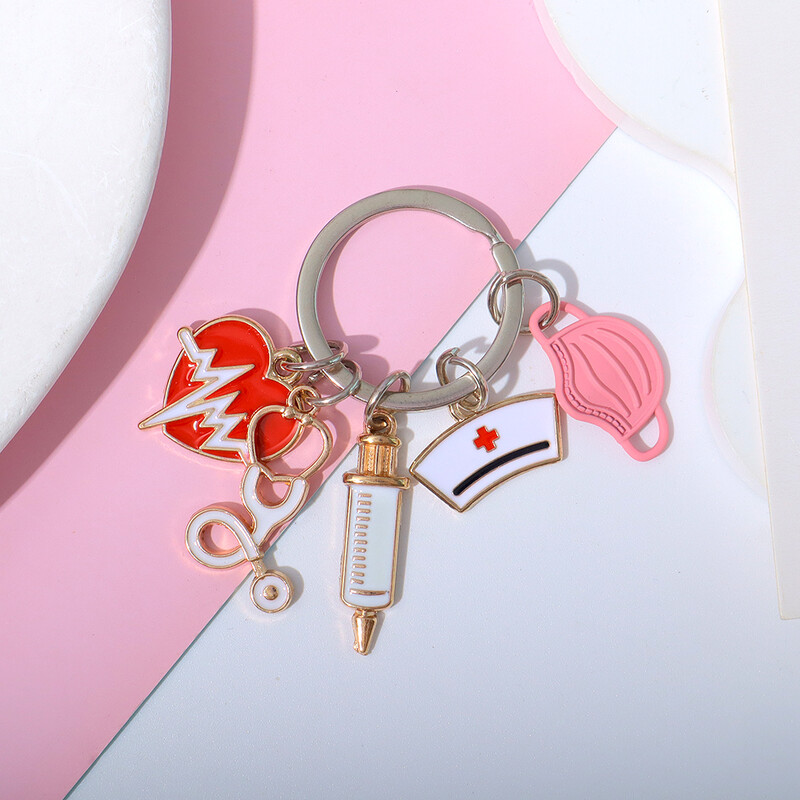 Classic Medical Series Atslēgu piekariņi Metāla šļirce Stetoskops Maska Medmāsas vāciņš Kulons Automašīnas Atslēgu piekariņi Aksesuāri ārsta suvenīrs Dāvana
