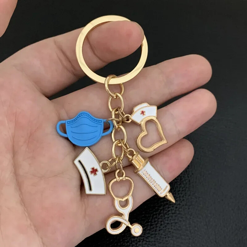 Classic Medical Series Atslēgu piekariņi Metāla šļirce Stetoskops Maska Medmāsas vāciņš Kulons Automašīnas Atslēgu piekariņi Aksesuāri ārsta suvenīrs Dāvana