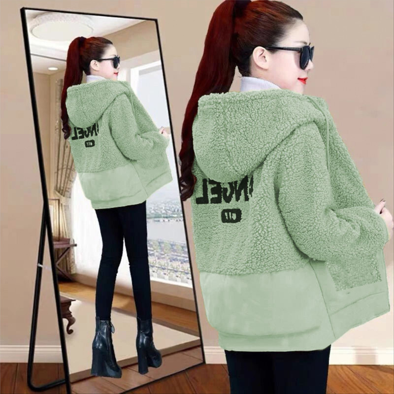 Jēra vilnas imitācija plus samts 2021 gada jauna rudens un ziemas brīva rāvējslēdzēja jaka Korejas stila biezināta jēra vilnas jaka sievietēm