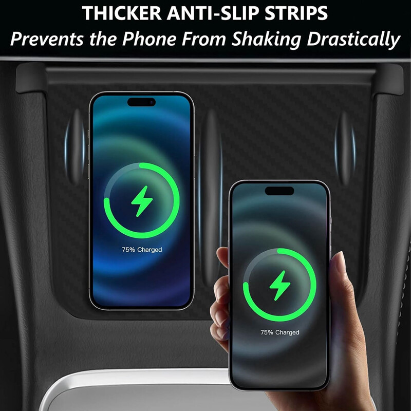 Paredzēts Tesla Model 3/Y bezvadu uzlādes silikona spilventiņam, oglekļa šķiedras centrālās vadības neslīdošam lādētāja aizsargpaklājiņam, automašīnas piederumiem