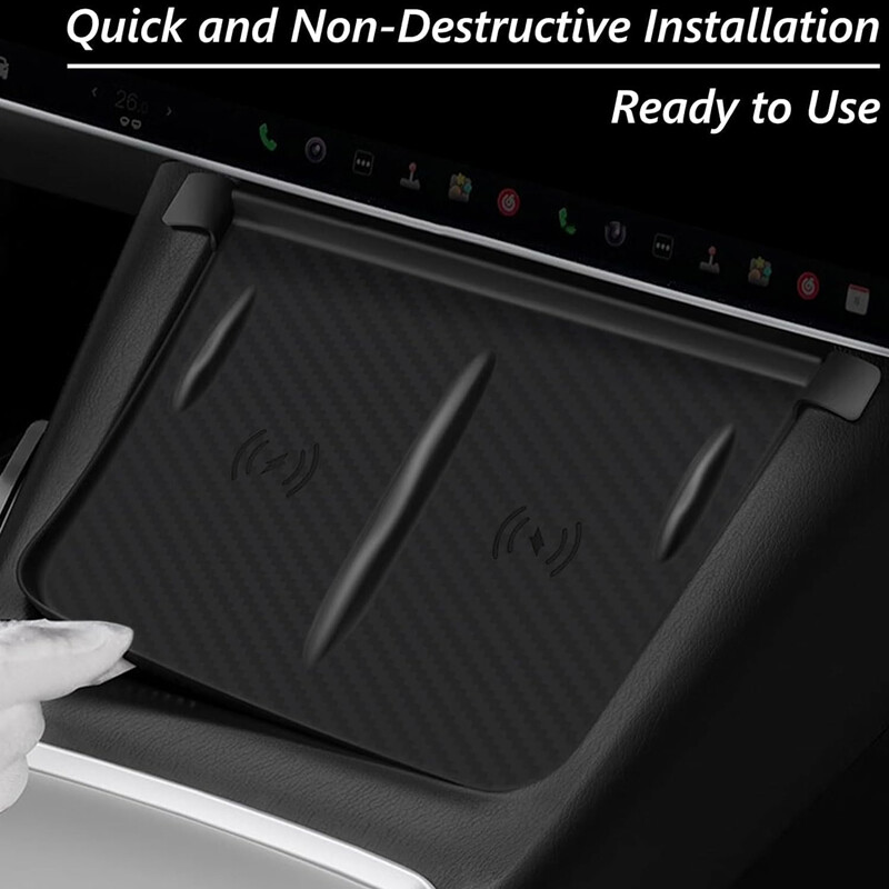 Paredzēts Tesla Model 3/Y bezvadu uzlādes silikona spilventiņam, oglekļa šķiedras centrālās vadības neslīdošam lādētāja aizsargpaklājiņam, automašīnas piederumiem