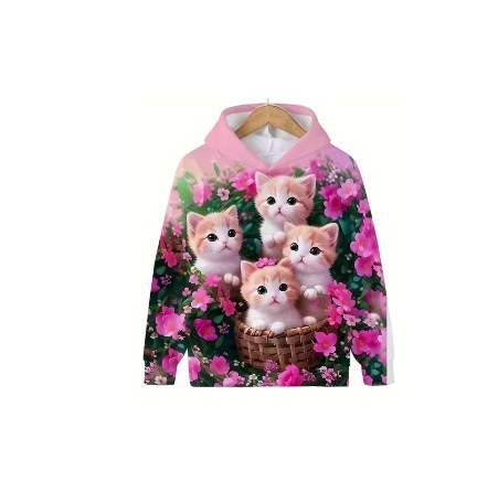 2024 m. Nauji rudens vaikiški megztiniai su kačių rašto efektu Vakarų madingi megztiniai su gobtuvu