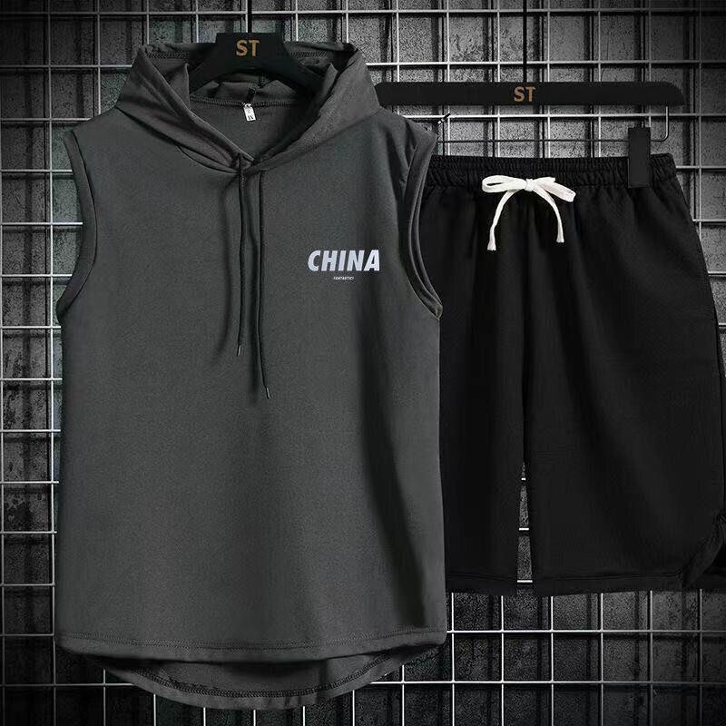 Liemenė su gobtuvu vyriškas sportinis kostiumas vasarinis laisvalaikis bėgimas fitnesas krepšinis be rankovių marškinėliai vyriški šortai sportinė apranga