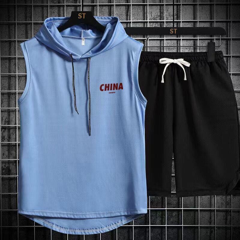 Liemenė su gobtuvu vyriškas sportinis kostiumas vasarinis laisvalaikis bėgimas fitnesas krepšinis be rankovių marškinėliai vyriški šortai sportinė apranga