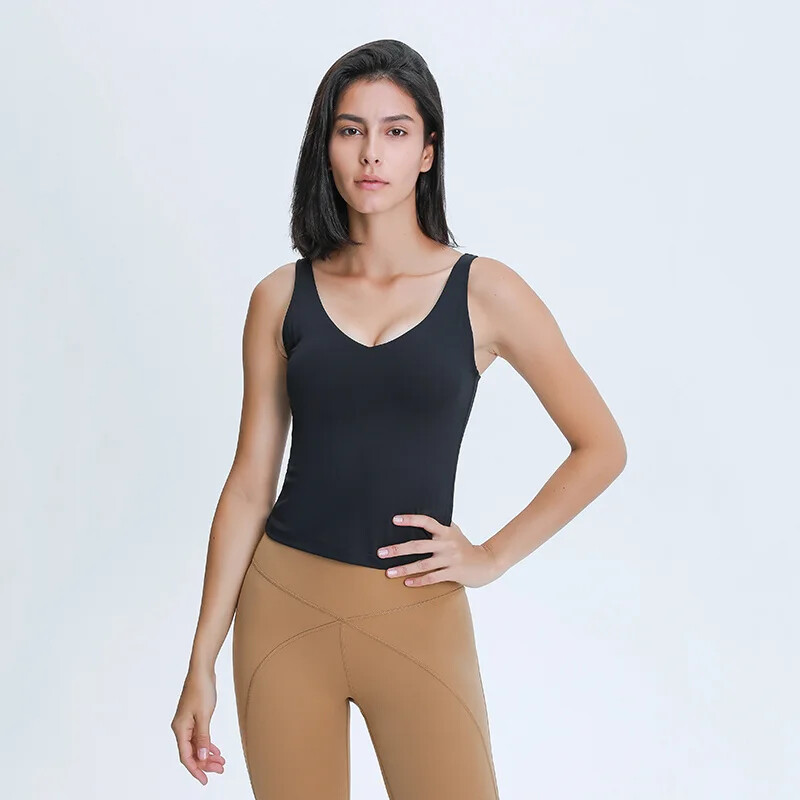 Topuri de antrenament cu decolteu în V Slim Fit Cotton Feel Yoga Sport Tank Vestă pentru alergare Cămașă de antrenament fără mâneci, cu tampoane detașabile, cu logo