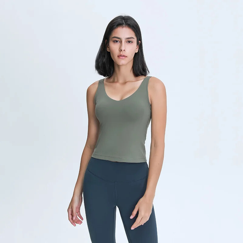 Topuri de antrenament cu decolteu în V Slim Fit Cotton Feel Yoga Sport Tank Vestă pentru alergare Cămașă de antrenament fără mâneci, cu tampoane detașabile, cu logo