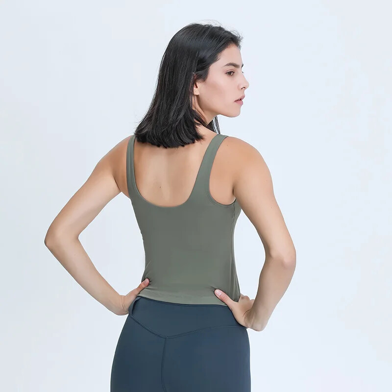 Topuri de antrenament cu decolteu în V Slim Fit Cotton Feel Yoga Sport Tank Vestă pentru alergare Cămașă de antrenament fără mâneci, cu tampoane detașabile, cu logo