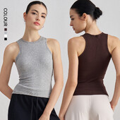 Ērta, rievota, bezpiedurkņu, sviesta, mīksta sieviešu virspuse ar augstu kakla izgriezumu, slaida, ikdienas vidukļa garuma joga skriešanas veste četros virzienos.